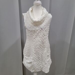 Textured White Sleeveless Cowl Neck Shirt